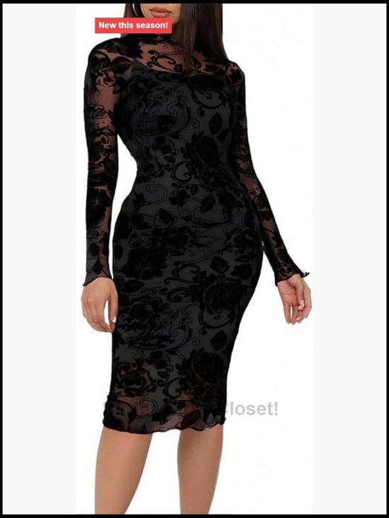 Dresses & Skirts - Sexy Sheer Mesh Bodycon Midi Dress 2 Piece Set Long Sleeve Date Night